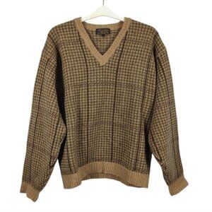 Vintage Brooks Brothers Tan Houndstooth Shetland Wool V-Neck Sweater L
